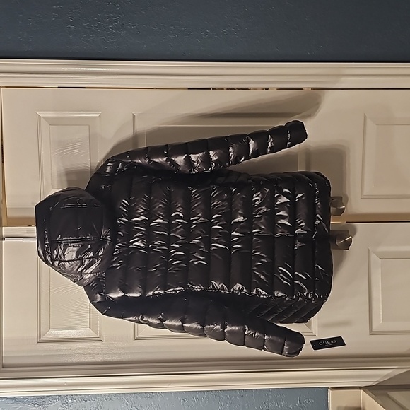 NWT Guess Shiny Black Puffer Jacket w Hoodie Pockets Full Zip 3X - Picture 6 of 15